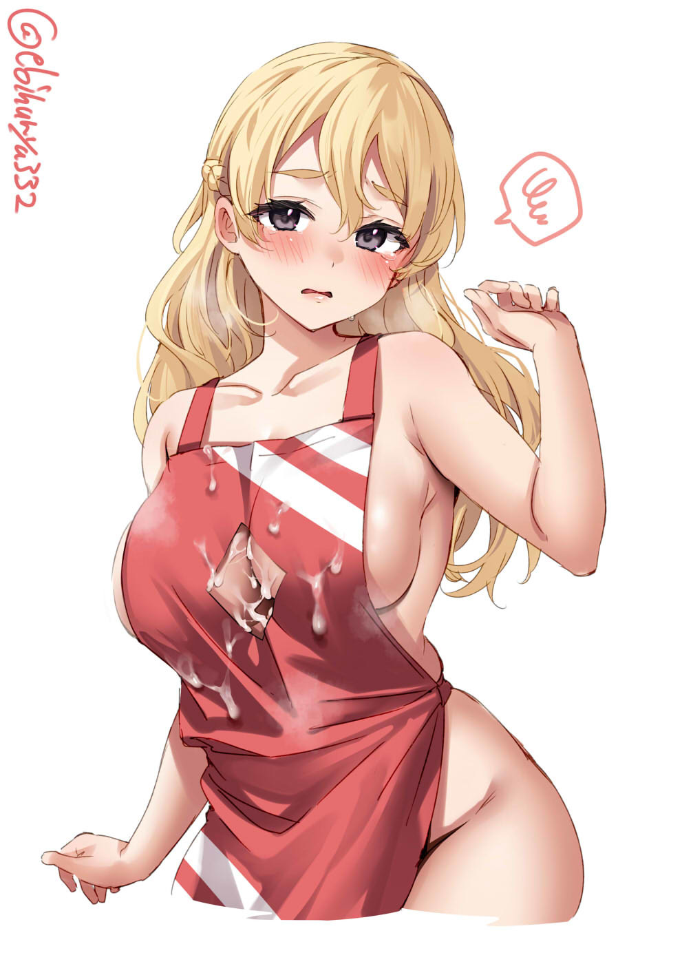 alternate_costume apron blonde_hair blush braid breasts brown_eyes cleavage cleavage_cutout clothing_cutout collarbone cowboy_shot cum cum_on_body cum_on_breasts cum_on_clothes ebifurya female french_braid highres kantai_collection large_breasts long_hair naked_apron one-hour_drawing_challenge red_apron sideboob solo twitter_username wavy_hair white_background zara_(kantai_collection)