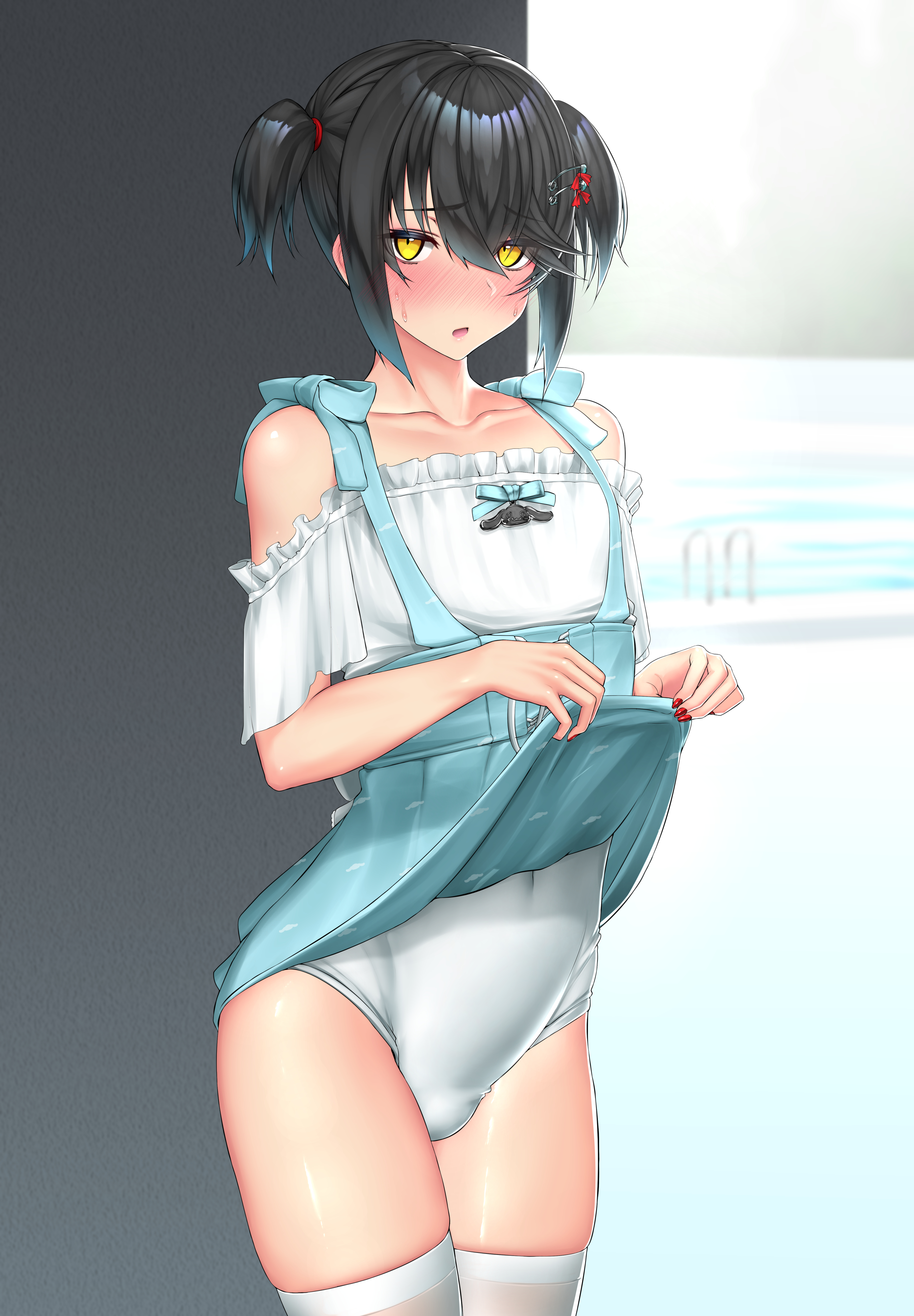 1boy, black hair, bow, bulge, crossdressing, female, femboy, frilled swimsuit, girly, karasu (jjwh2832), male, male focus, male only, mashiro (nijisanji), mashiro meme, nijisanji, otoko no ko, otokonoko, skirt, skirt lift, solo, thighhighs, tomgirl, trap, twintails, virtual youtuber, yellow eyes