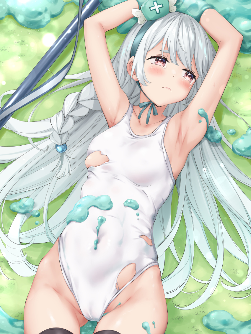 2022 absurdres armpits bangs braid breasts brown_hair cameltoe covered_erect_nipples covered_navel crying female frying futoku_no_guild green_headband green_headwear grey_hair handband hat highres long_hair looking_away lying maidena_ange mitre on_back on_grass one-piece_swimsuit shounen_gangan single_braid slime_(substance) small_breasts swimsuit tears tnk_(company) torn_clothes torn_swimsuit very_long_hair white_one-piece_swimsuit wing_(aiastor)