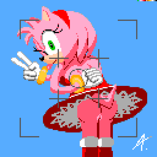 1:1 amy_rose anthro bottomless bottomless_female camera_overlay clothed clothing digital_media_(artwork) dress eulipotyphlan female fur genitals gesture green_eyes hand_behind_back hedgehog mammal pink_body pink_fur pixel_(artwork) pussy red_clothing red_dress sega signature solo sonic_(series) sonic_the_hedgehog_(series) tongue tongue_out unknown_artist unknown_artist_signature upskirt v_sign viewfinder