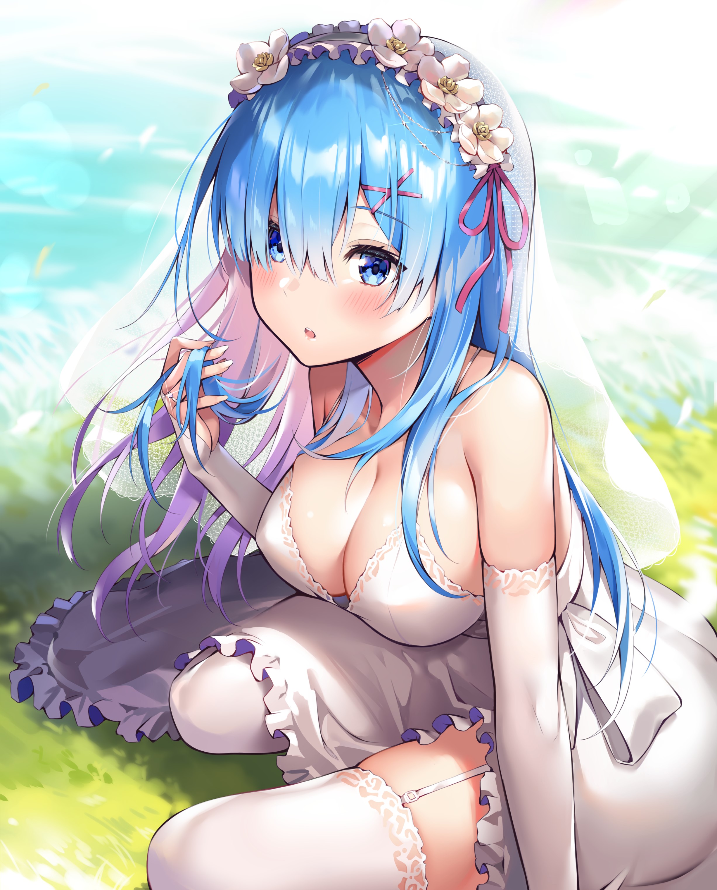 1girls, ale nqki, alternate hairstyle, big breasts, blue eyes, blue hair, breasts, cleavage, female, female only, flower hair ornament, flower in hair, hair between eyes, kneeling, light skin, light-skinned female, long hair, matching hair/eyes, on knees, open mouth, re:zero kara hajimeru isekai seikatsu, rem (re:zero), thighs, wedding dress, wedding ring, wedding veil, x hair ornament