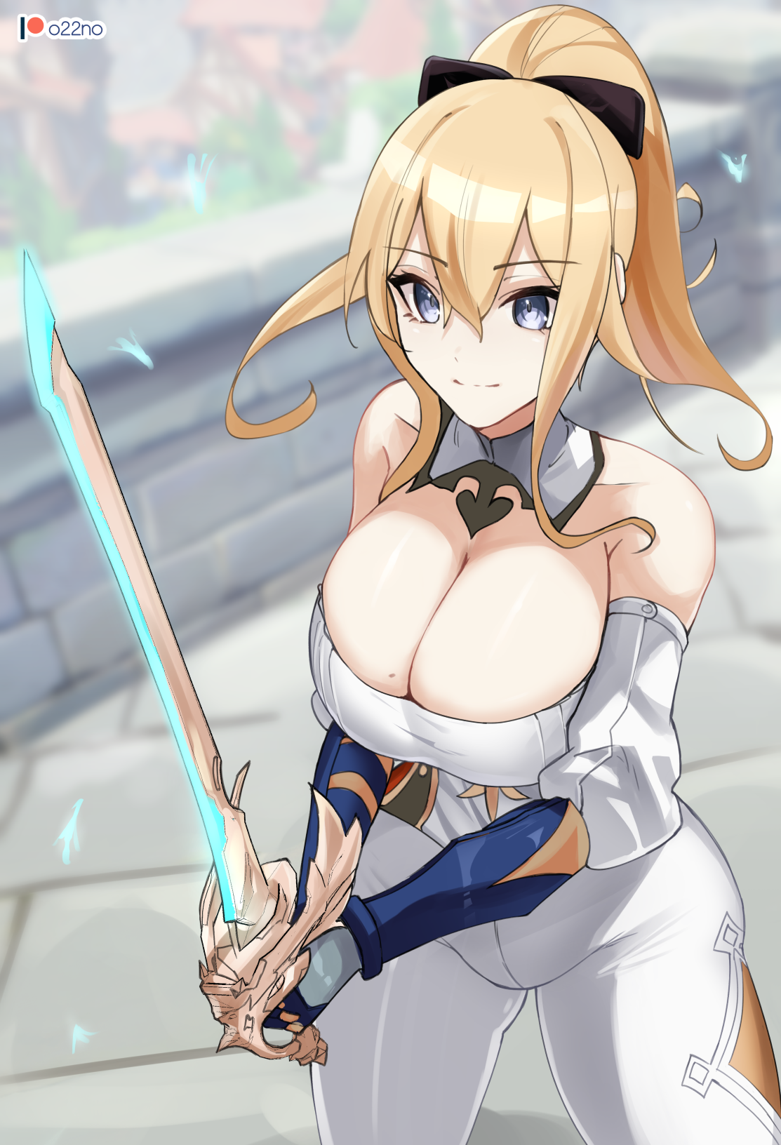 1girls, alternate breast size, blonde hair, blue eyes, breasts, cleavage, female, genshin impact, hips, holding object, huge breasts, jean gunnhildr, large breasts, o22no, ponytail, slim waist, smile, sword, thick thighs, thighs, tight clothing, weapon, white clothing, wide hips