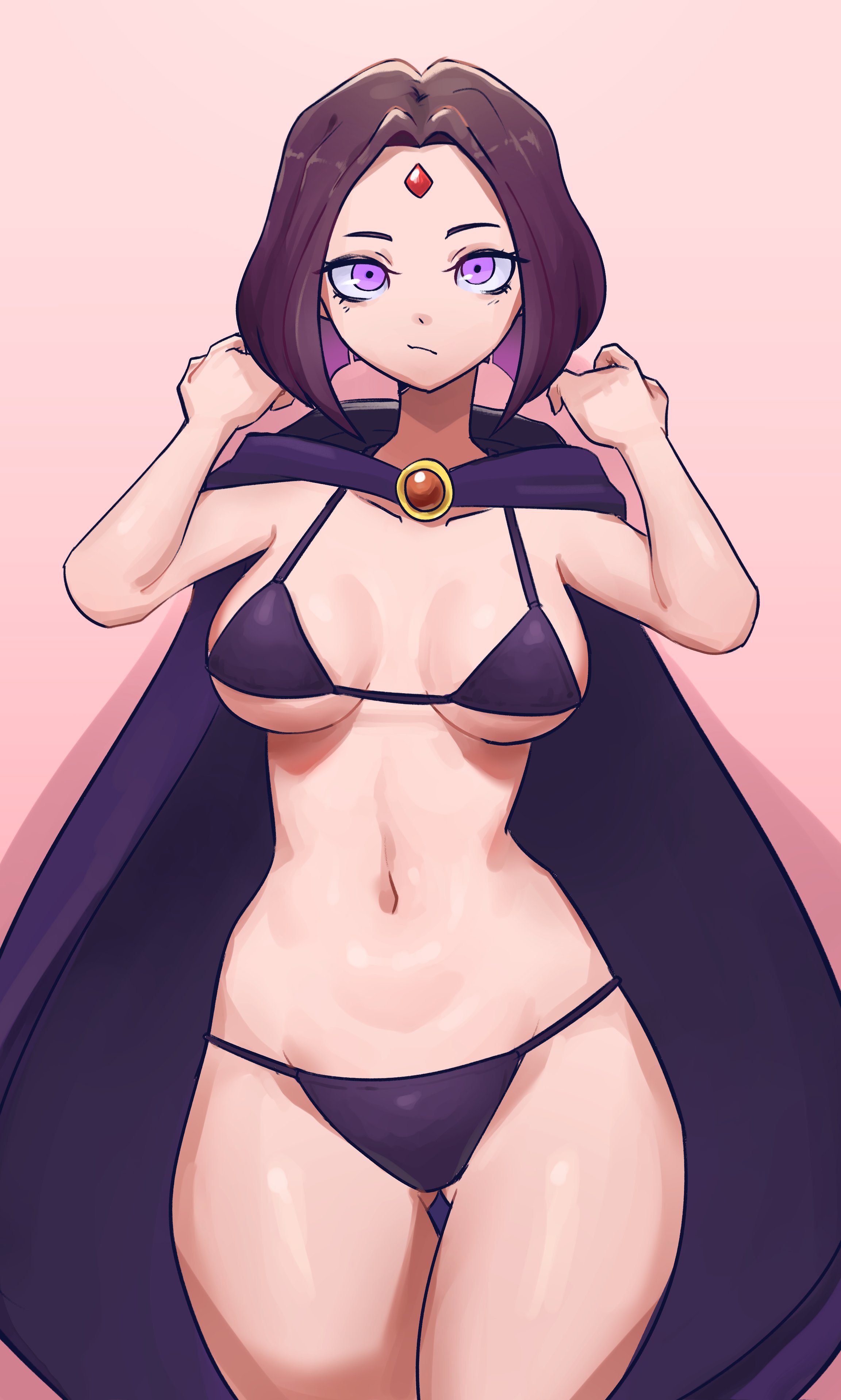 1girls, bikini, bob cut, breasts, dc, dc comics, female, forehead jewel, goth, goth girl, light skin, light-skinned female, medium breasts, medium hair, navel, pale skin, pale-skinned female, petite, purple eyes, purple hair, rachel roth, raven (dc), sagaandersart, short hair, slim, solo female, sorceress, tagme, teen titans, teenager
