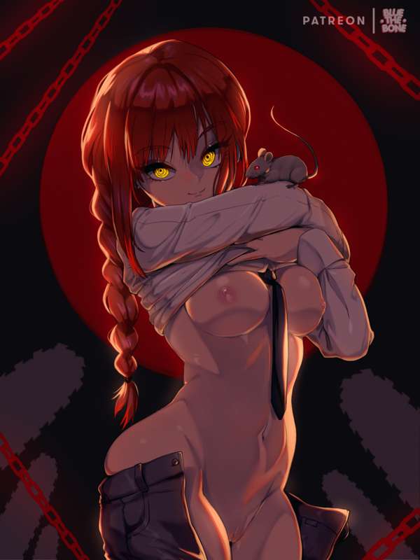 1girls, bluethebone, breasts, chainsaw man, female, functionally nude, looking at viewer, makima (chainsaw man), medium breasts, naked tie, navel, nude, nude female, presenting, red hair, retro artstyle, seductive, seductive eyes, seductive look, solo female, suit and tie, tagme, tie, unbuttoned pants, undressing, white shirt, yellow eyes