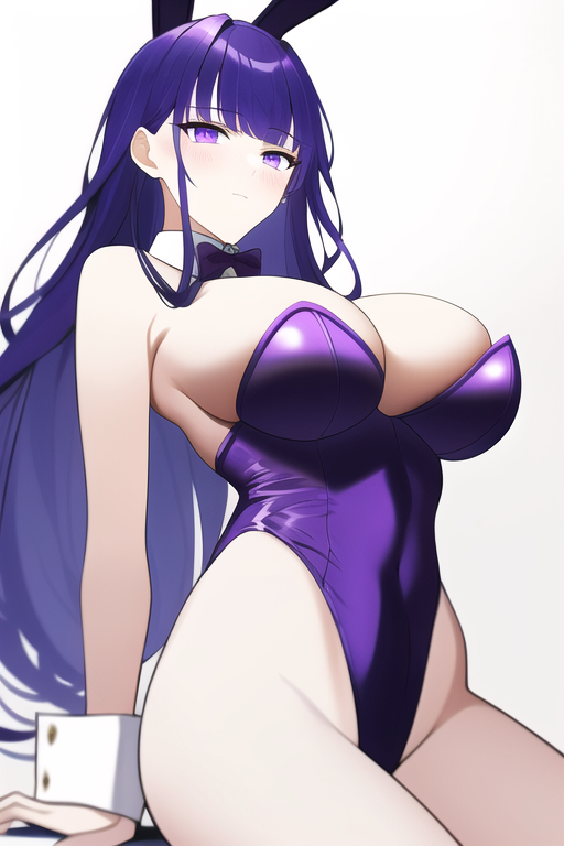 1girls, ai generated, alternate hairstyle, bare legs, breasts, bunny ears, bunny girl, bunnysuit, cleavage, detached collar, detached cuffs, female, genshin impact, hair down, highleg leotard, huge breasts, leotard, light skin, light-skinned female, long hair, nai diffusion, purple eyes, purple hair, purple leotard, raiden shogun, stable diffusion