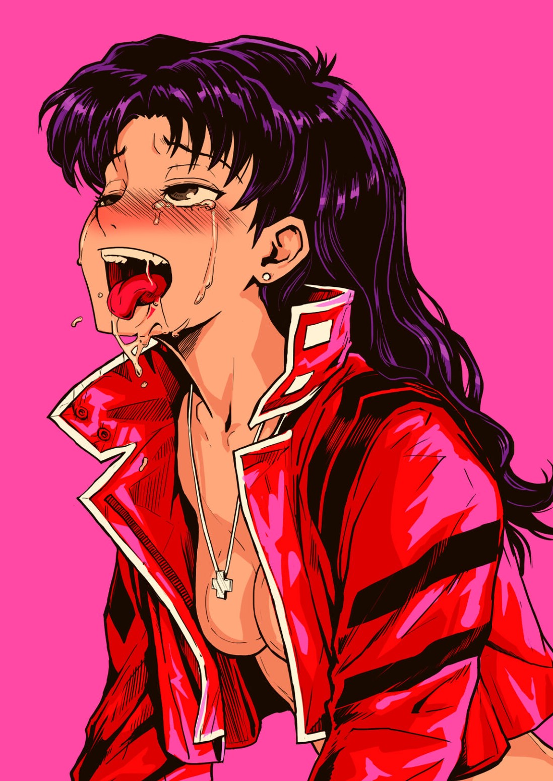 1girls, ahe gao, begging, begging pose, breasts, cock hungry, crying, crying with eyes open, drool, drooling, female, female only, looking pleasured, looking up, male, mind break, misato katsuragi, neon genesis evangelion, nikifilini (brand), penis, purple hair, small breasts, solo, solo female, tears, tongue, tongue out