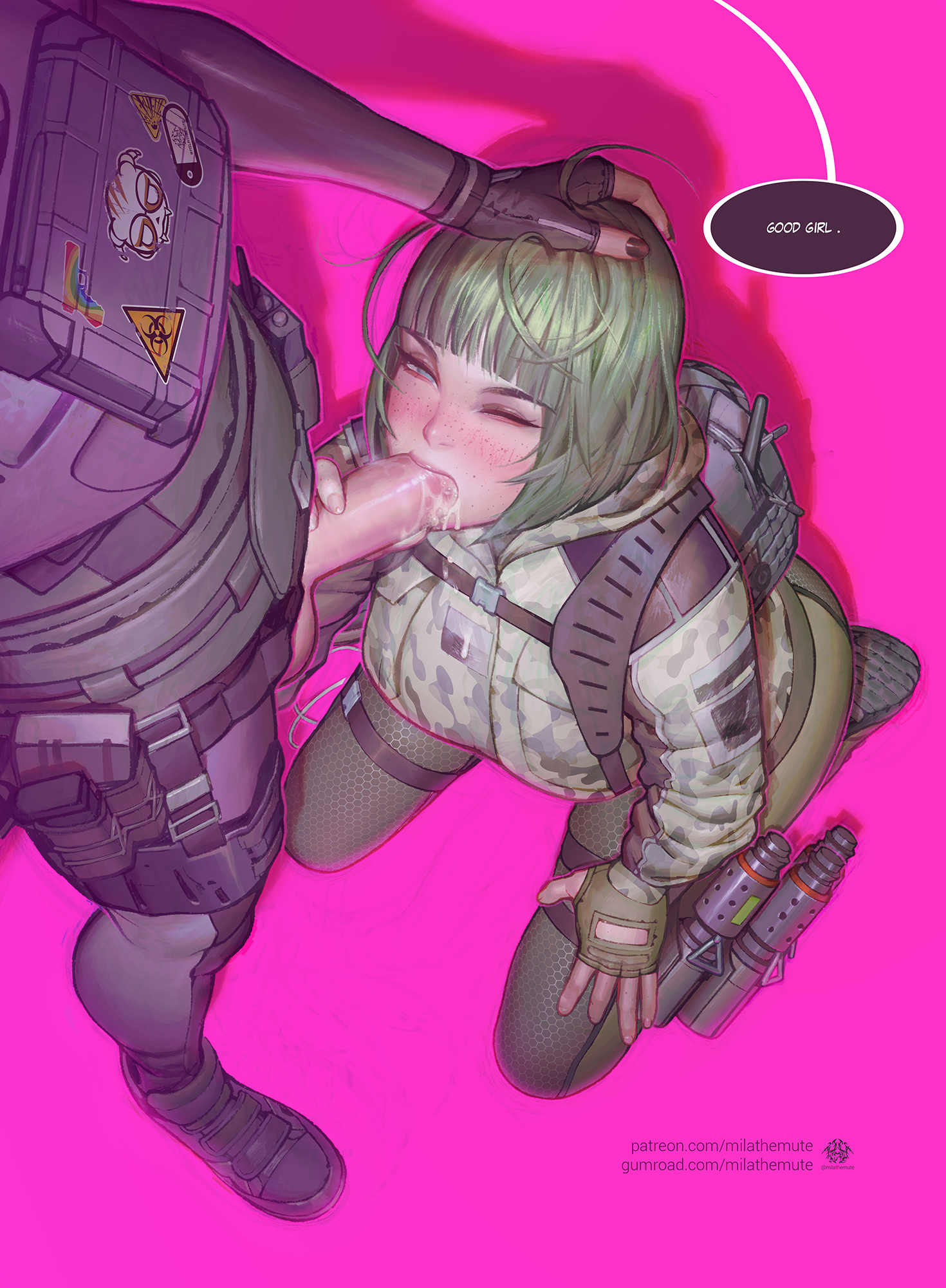 1futa, 1girls, balls, blowjob, blush, cum, cum drip, cum in mouth, cum on face, dokkaebi (rainbow six), ela (rainbow six), english text, fellatio, female, femsub, futa on female, futadom, futanari, grzmot mine, hand on head, intersex, kneeling, mila the mute, on knees, oral, oral creampie, oral sex, penis, rainbow six, rainbow six siege, self upload, semen, speech bubble, text, tom clancy, ubisoft