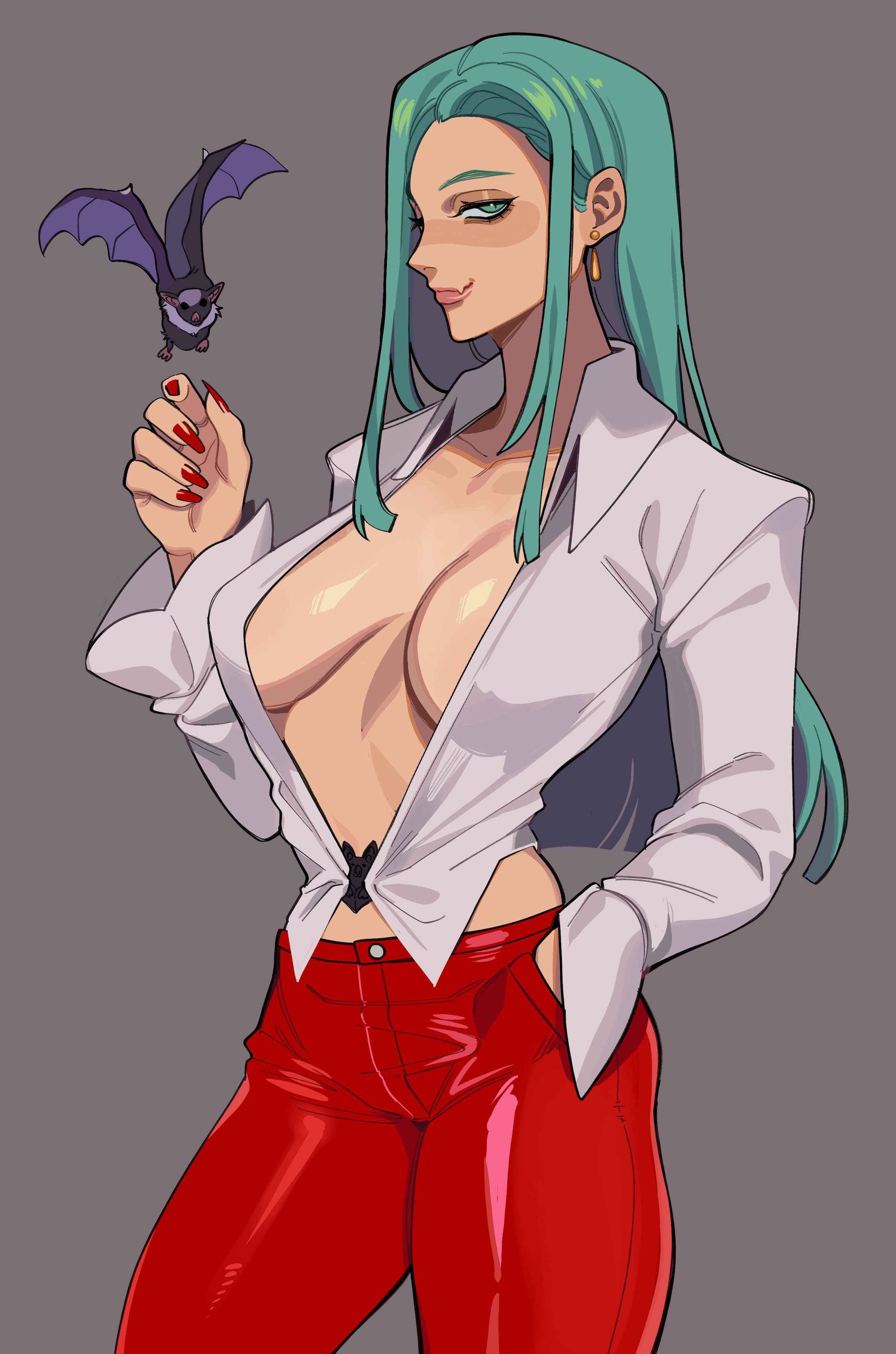 1girls, alternate costume, bat, breasts, capcom, casual, clothing, darkstalkers, demon, female, female only, green eyes, green hair, grey background, hand in pocket, inner sideboob, large breasts, long hair, looking at viewer, morrigan aensland, narrowed eyes, pants, porqueloin, red fingernails, shirt, smiling, smiling at viewer, solo, succubus, very high resolution