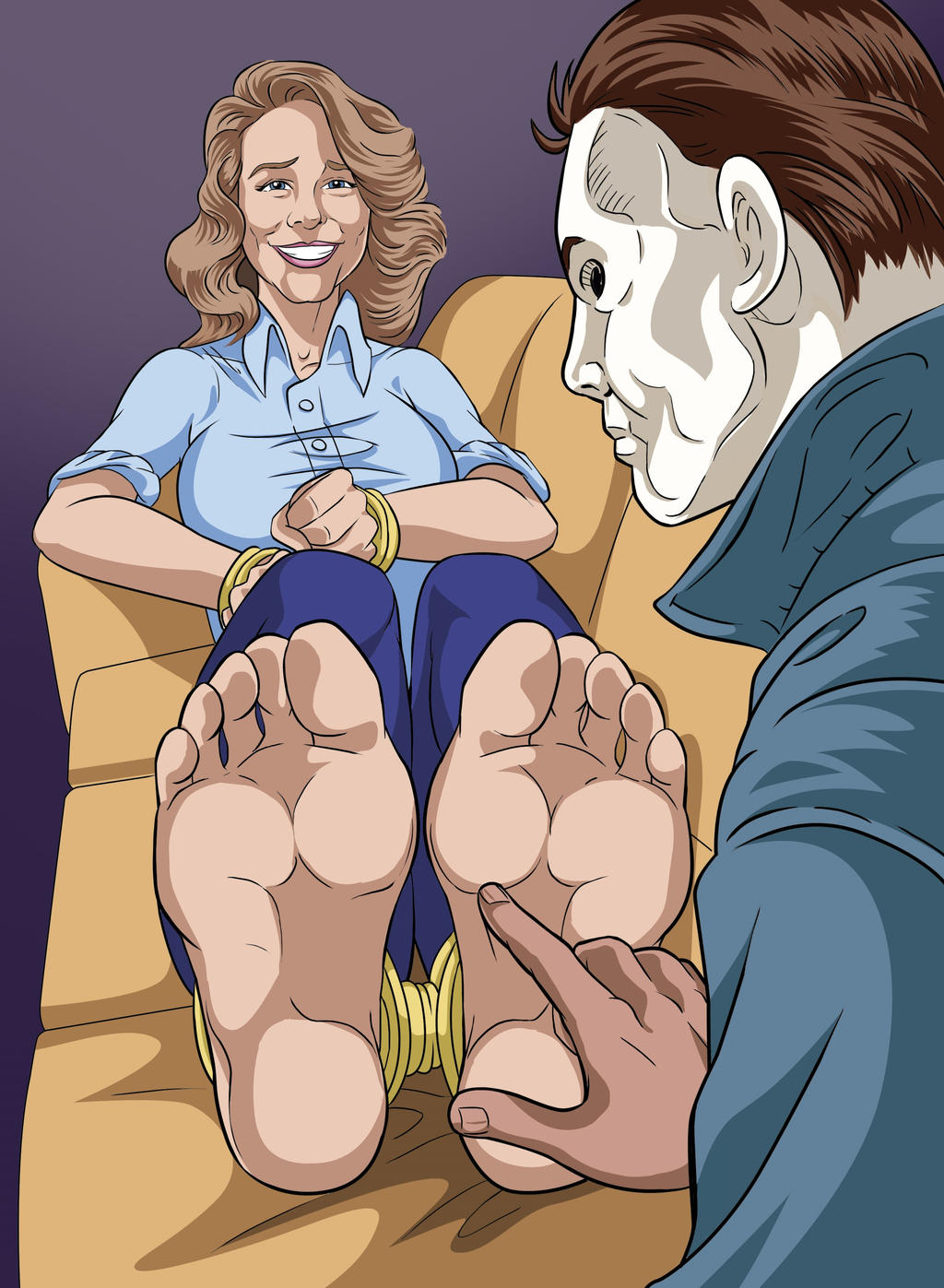 1boy 1girls art-2u bondage feet female foot_fetish halloween halloween_(series) horror laurie_strode male michael_myers tickle_fetish tickling tickling_feet