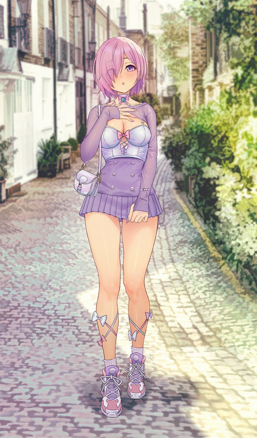 1socks :o bangs breasts city cleavage dress fate/grand_order fate_(series) female hair_over_one_eye hand_on_own_chest happymonk highres looking_at_viewer mash_kyrielight medium_breasts outdoors pink_hair purple_dress purple_eyes shoes short_dress short_hair solar solar_(happymonk) solo thighs