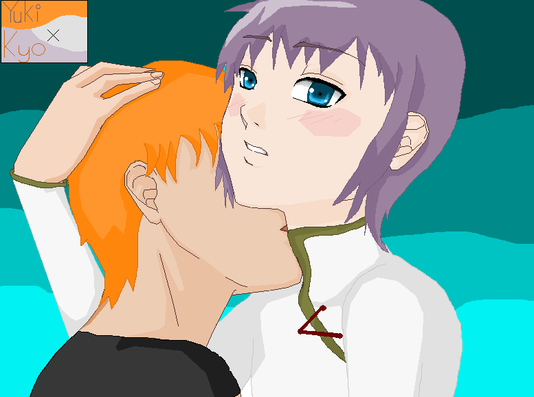 2boys fruits_basket ginger kissing_neck kyo_sohma male male_only orange_hair purple_hair rivals yaoi yuki_sohma