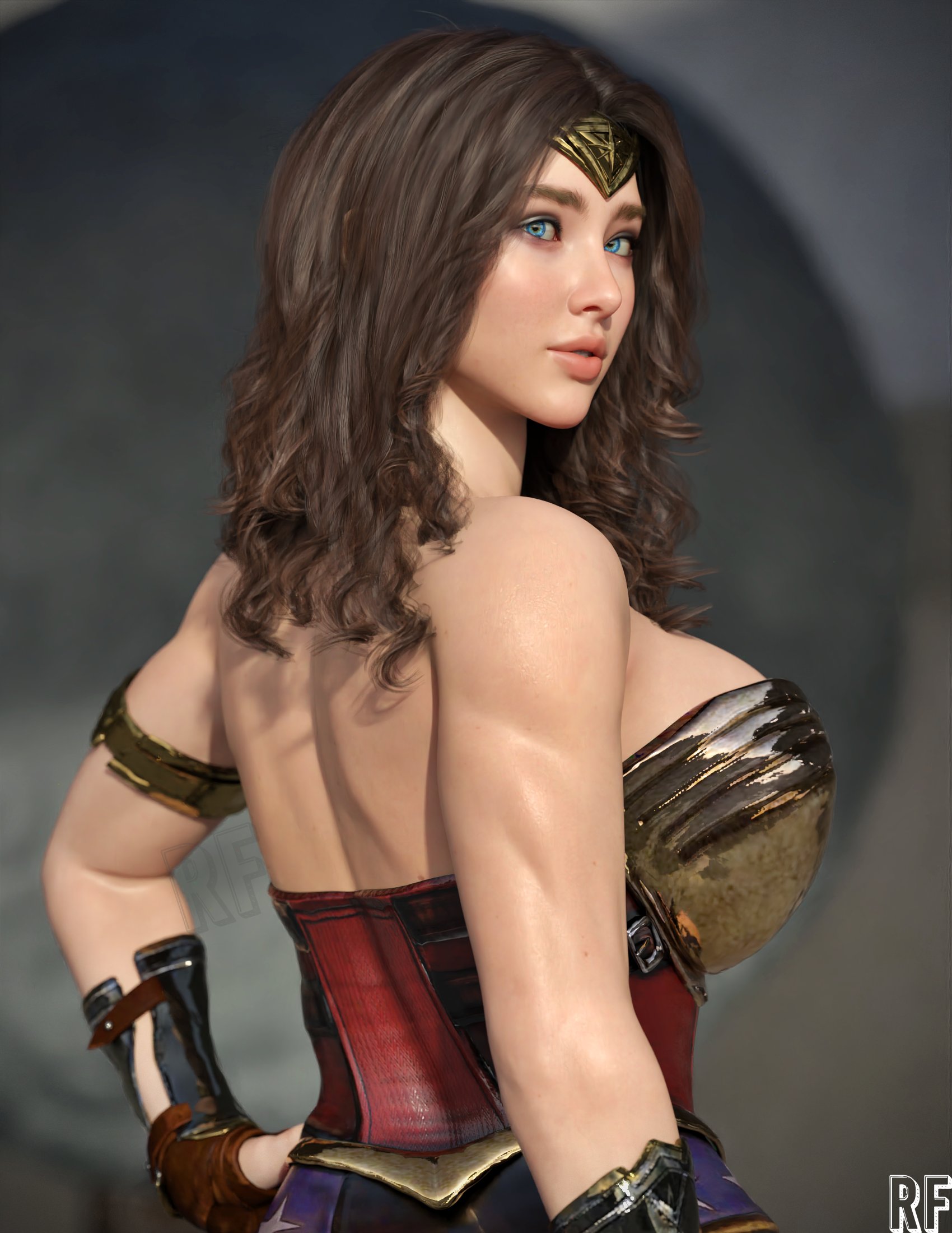 1girls, 3d, 3d (artwork), big breasts, blush, breasts, brown hair, cleavage, dc, dc comics, diana prince, female, female only, fully clothed, hi res, large breasts, looking back, rear view, rude frog, solo, superheroine, wonder woman, wonder woman (series)