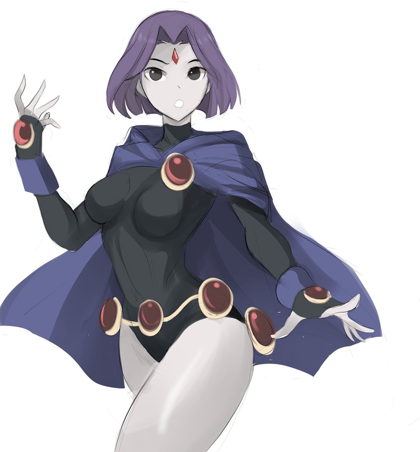 1girls, bob cut, bodysuit, breasts, clothed, dc, dc comics, female, forehead jewel, goth, goth girl, grey skin, leotard, light skin, light-skinned female, looking at viewer, medium breasts, medium hair, open mouth, pale skin, pale-skinned female, petite, purple eyes, purple hair, rachel roth, raven (dc), short hair, skin tight, slim, solo female, sorceress, tagme, teen titans, teenager, thick thighs, thighs, tight clothing