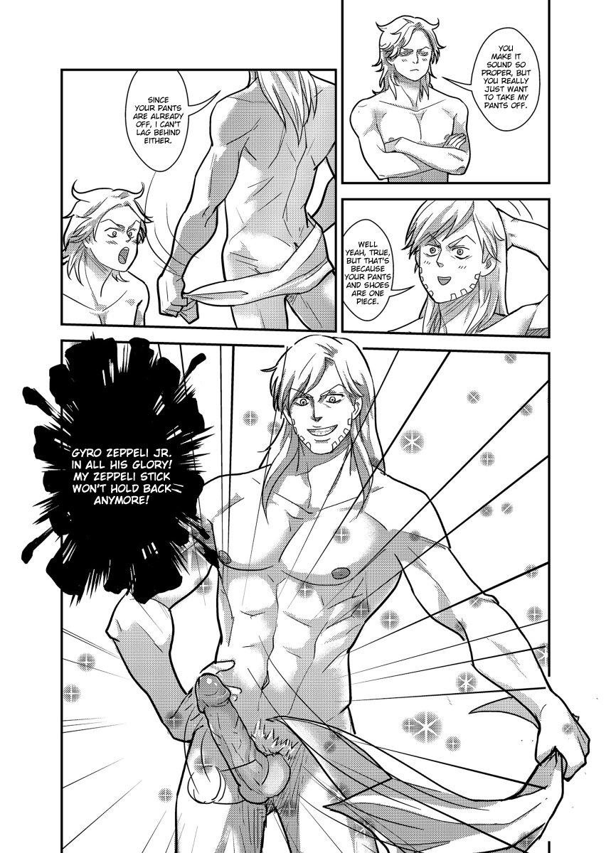 2boys abs agathah doujinshi erection gyro_zeppeli johnny_joestar jojo's_bizarre_adventure male_only monochrome muscular_male nude_male penis pubic_hair steel_ball_run text undressing veiny_penis yaoi