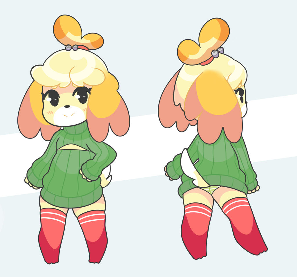 animal_crossing anthro blush canid canine canis clothed clothing female fur furry furry_only isabelle_(animal_crossing) nintendo onigiri_punch panties sweater tail