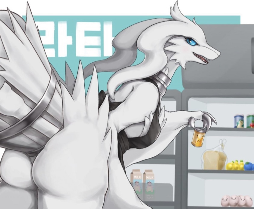 anthro apron apron_only blue_eyes blush detailed_background dragon dragon_girl drink female female_pokemon fridge legendary_pokémon milf nintendo pokémon_(species) pokemon ratta108 reshiram small_breasts white_fur white_hair