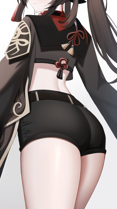 ai generated, ass, ass focus, black shorts, brown hair, female, from behind, genshin impact, hu tao (genshin impact), long hair, nai diffusion, shiny, shiny skin, short shorts, shorts, solo, stable diffusion, twintails, very long hair