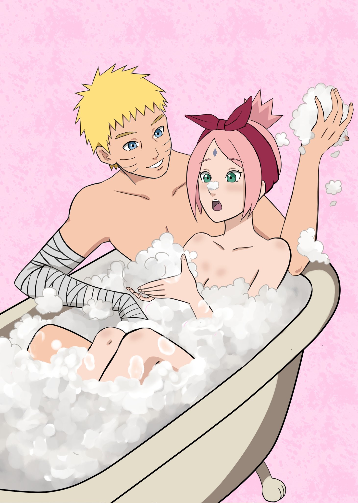 1boy, 1girls, 2022, bandaged arm, bandages, bath, bathing, bathing together, bathroom, bathtub, between legs, blonde hair, blonde-haired male, blush, boruto: naruto next generations, breasts, bubbles, cleavage, cuddling, female, foam, green eyes, hair ornament, hair ribbon, human, human only, long hair, male, male/female, mixed bathing, naked, naruto, naruto (series), pink background, pink hair, pink-haired female, playful, playing, romantic, romantic couple, sakura haruno, shared bathing, short hair, smile, soap bubbles, straight, sweetlovi, teasing, tied hair, uzumaki naruto, water, wholesome