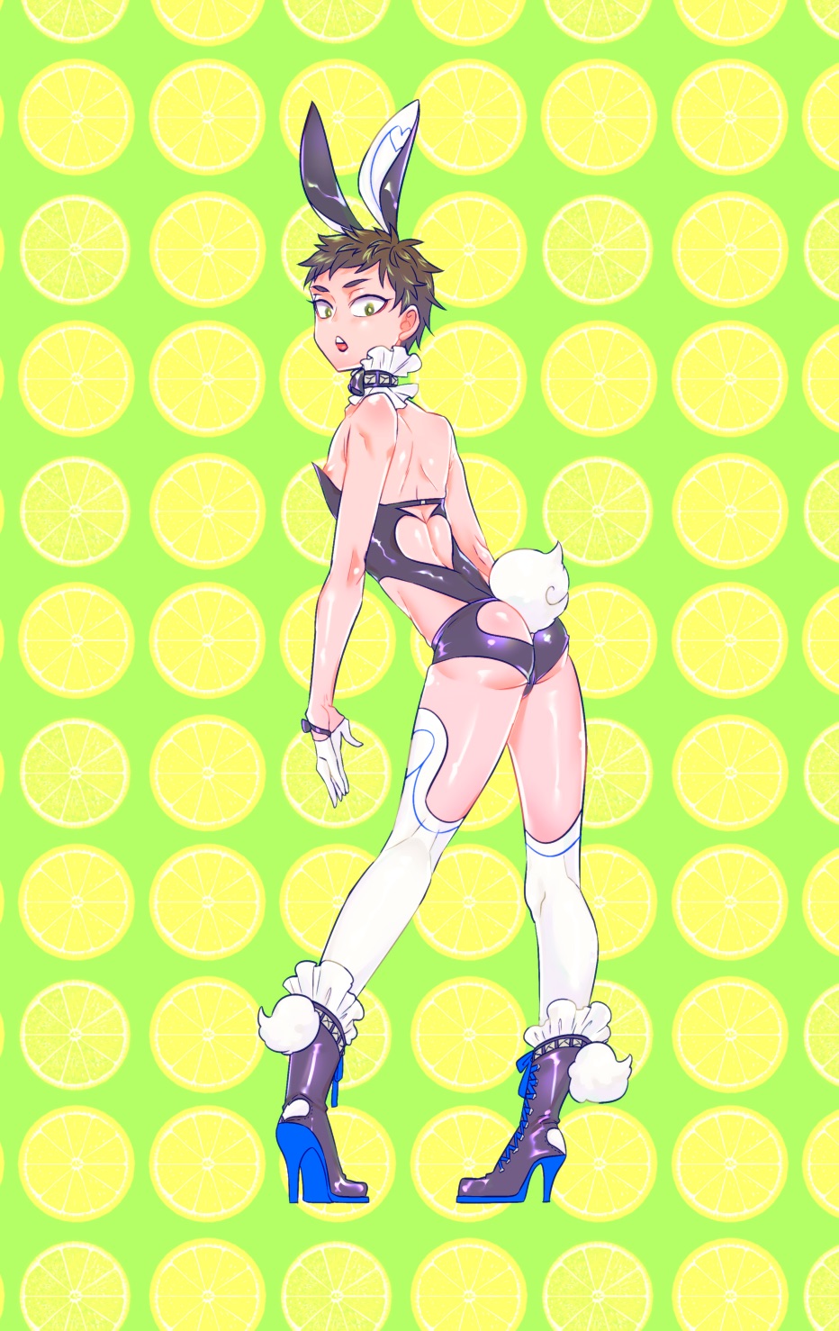 1boy aged_down alternate_costume boots brown_hair bunny_boy bunny_ears bunny_tail bunnysuit crossdressing detached_collar femboy full_body gintama gloves high_heel_boots kondou_isao looking_at_viewer looking_back male male_only male_playboy_bunny nipple_slip rear_view shiny_skin short_hair solo standing thighhighs tooru_(pixiv) twink very_short_hair white_gloves white_legwear white_thighhighs