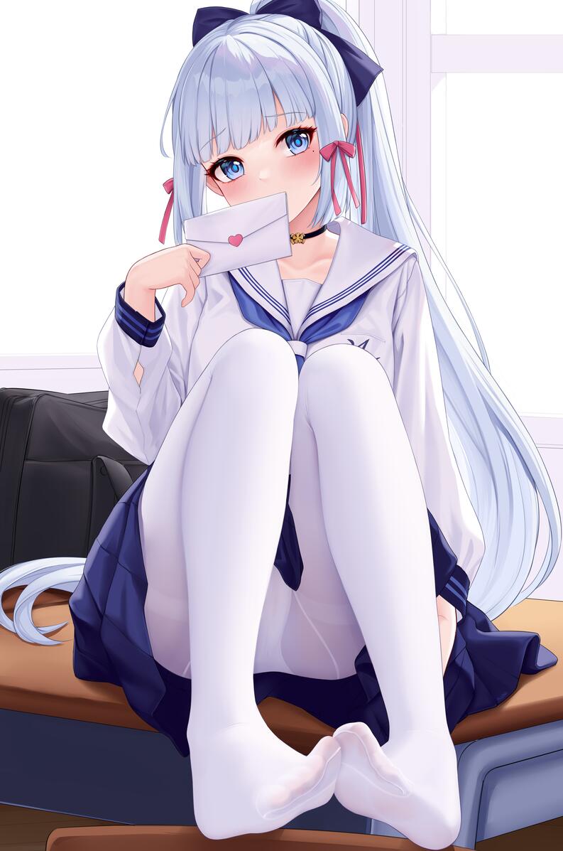 1girls allenes blue_eyes blue_hair blush choker clothed embarrassed feet feet_together female female_only foot_fetish foot_focus genshin_impact holding_letter kamisato_ayaka legwear letter light-skinned_female looking_at_viewer mole mole_under_eye no_shoes on_desk panties pantyhose pantyshot sailor_uniform school_uniform sitting solo white_legwear white_pantyhose