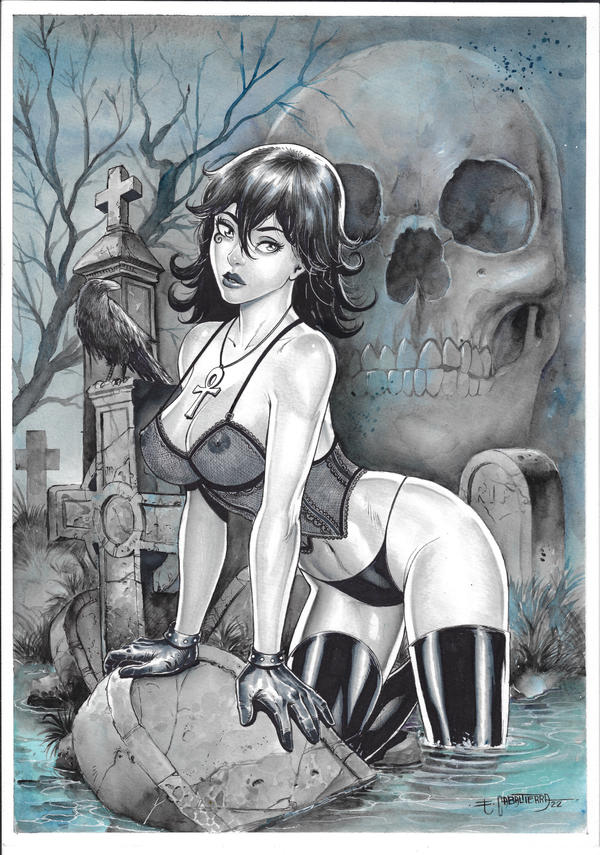 1girls ankh ankh_necklace areolae artist_signature black_gloves black_hair black_lips breasts cemetery curly_hair dc_comics death_of_the_endless emil_cabaltierra eye_of_horus gloves goth goth_girl gothic graveyard lingerie looking_at_viewer outdoors raven see-through see-through_bra skull solo_female standing_in_water the_sandman tombstone vertigo_comics white_skin