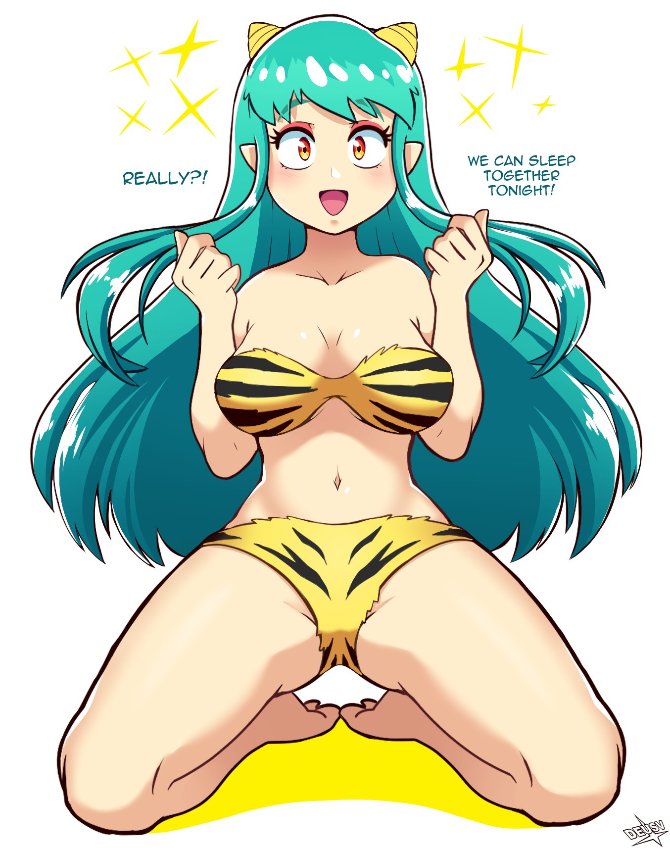 1girls 2022 barefoot bikini breasts cleavage cute deus_vulv english_text horns kneeling long_hair looking_at_viewer lum navel oni_horns orange_eyes pointy_ears print_bikini sparkles tagme teal_hair text thighs tiger_print tiger_print_bikini urusei_yatsura very_long_hair yellow_bikini