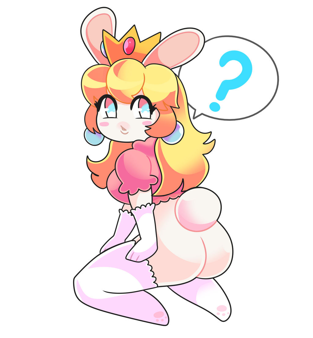 ? anthro ass blonde_hair bunny_ears clothing confused confusion cotton_tail crown cute female fur furry furry_only jaltoid lagomorph lagomorph_humanoid looking_back mario_(series) mario_+_rabbids mario_+_rabbids:_kingdom_battle onigiri_punch pink_dress princess rabbid rabbid_peach rabbit_ears raving_rabbids royalty solo tail white_background wholesome