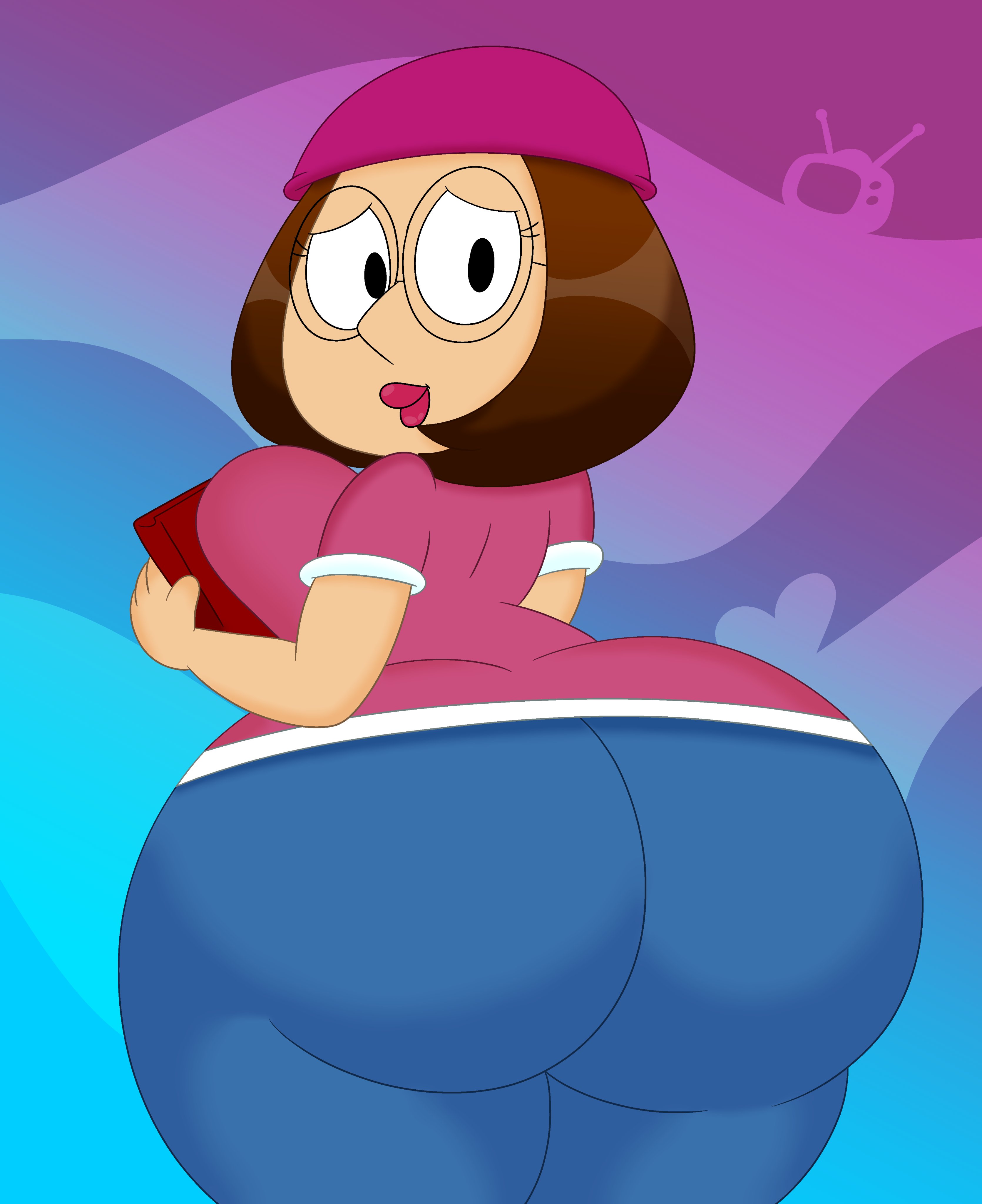 1girls, 3barts, ass, ass focus, big ass, big breasts, book, bottom heavy, breast squish, breasts, brown hair, bubble ass, bubble butt, clothing, denim, denim clothing, denim jeans, family guy, fat ass, female, female only, gigantic ass, glasses, hat, huge ass, hyper ass, jeans, large ass, lipstick, looking at viewer, looking back, meg griffin, pants, shirt, solo, thick ass, thick thighs, wide hips