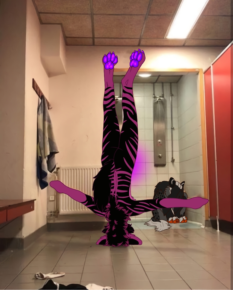 anthro atrius_(atrius97) bathroom black_body black_spots cackling-beast carrying cowering duo fur fur_tuft genitals glowing glowing_genitalia glowing_pawpads grey_body hyaenid male mammal meme meme_pose on_head orange_pawpads pawpads photo_background pink_stripes purple_pawpads spots spotted_hyena striped_hyena stripes t-pose tan_body tan_fur tuft zahne_(cackling-beast)