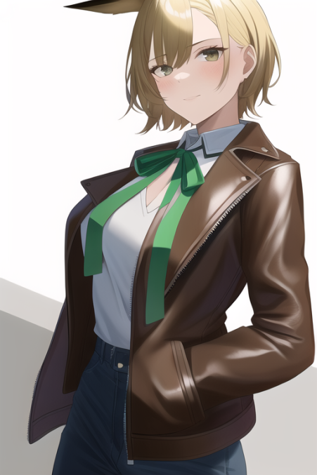 ai_generated animal_ears blonde_hair goonyella green_eyes green_ribbons humanized jeans leather_jacket white_undershirt