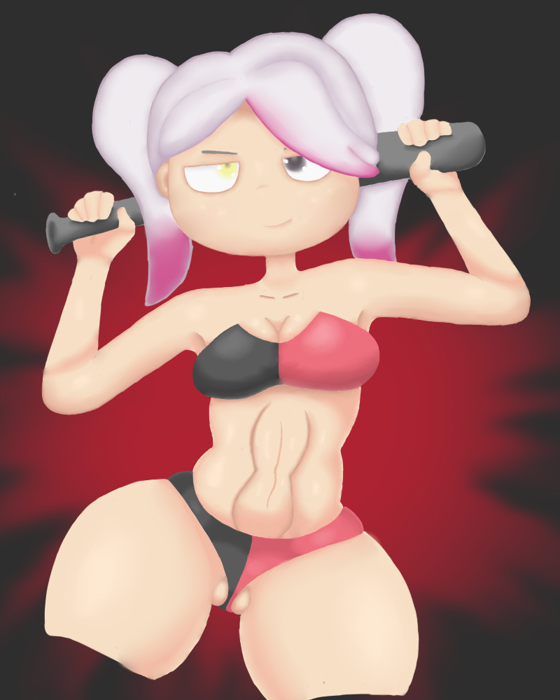 black_eyes breasts cosplay crossover_cosplay dc dc_comics female fhs fnafhs fnafhs_z3ro harley_quinn_(cosplay) lobesnoalpha meg_(fnafhs) pink_hair sketch solo_female two_tone_hair white_hair yellow_eyes