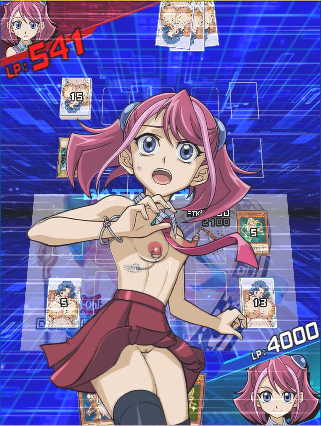 blue_eyes breasts casual_nudity casual_topless collar female hiiragi_yuzu mod nipple_piercing nipple_piercings nipples nonsexual_nudity open_mouth piercing piercings pink_hair pussy pussy_peek red_skirt red_tie rochestedorm shocked shocked_expression skirt skirt_lift small_breasts sweat sweatdrop tie yu-gi-oh! yu-gi-oh!_arc-v yu-gi-oh!_duel_links zuzu_boyle