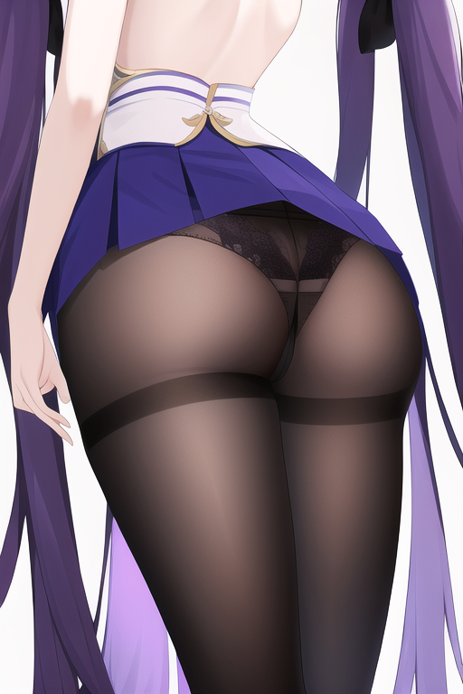 ai generated, ass, ass focus, dress, female, from behind, from below, genshin impact, keqing (genshin impact), long hair, nai diffusion, panties, panties under pantyhose, pantyhose, purple dress, purple hair, shiny, shiny clothes, shiny hair, shiny skin, short dress, skirt, solo, stable diffusion, twintails, very long hair