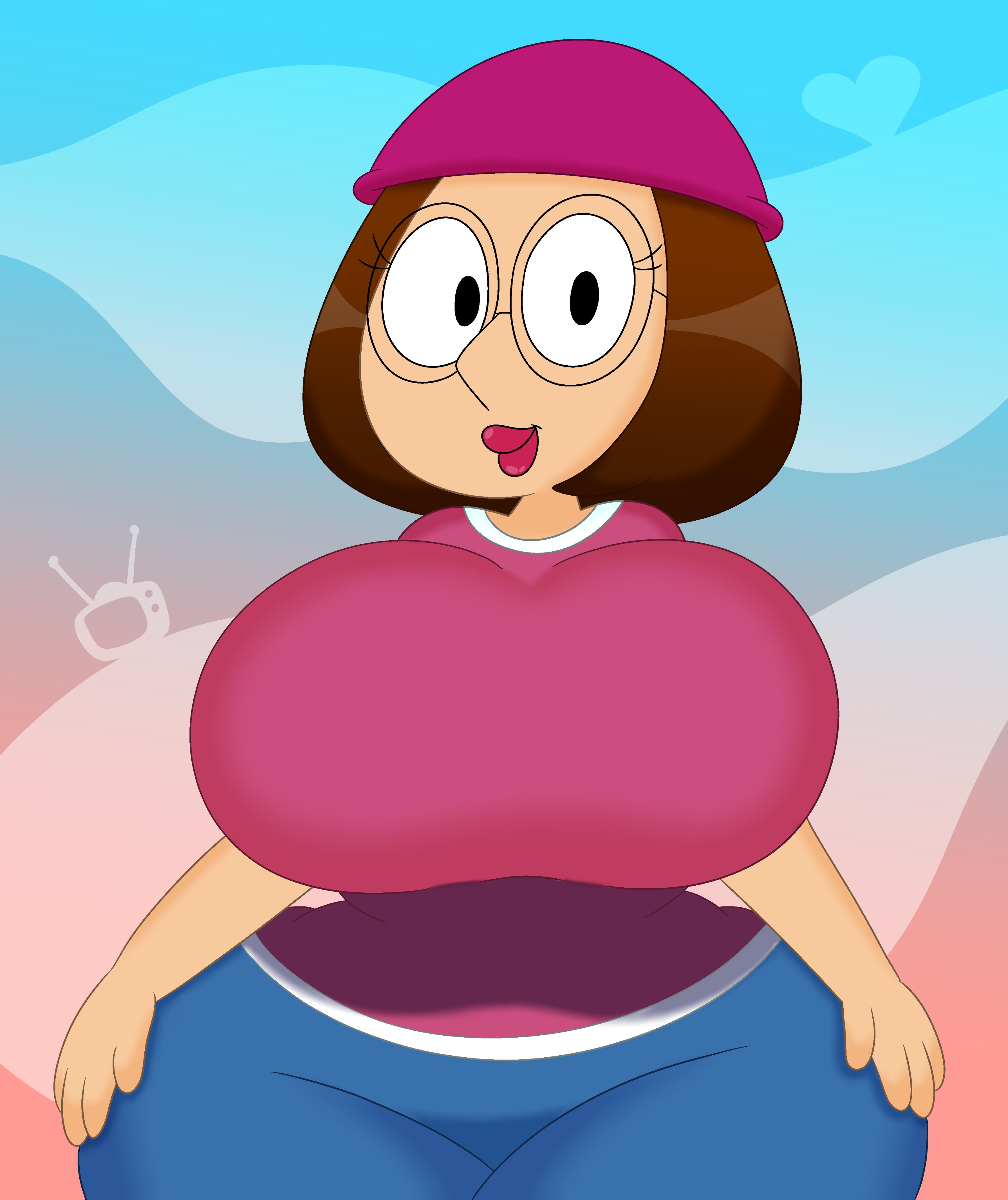 1girls, 3barts, big breasts, breasts, brown hair, busty, clothing, denim, denim clothing, denim jeans, family guy, female, female only, glasses, hat, huge breasts, jeans, large breasts, lipstick, looking at viewer, meg griffin, pants, shirt, solo, thick thighs, wide hips