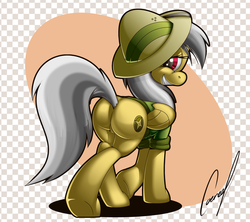 2013 armor ass big_butt black_hair brown_body brown_feathers caencel checkered_background clothing cutie_mark daring_do_(mlp) digital_media_(artwork) equid equine feathered_wings feathers female feral friendship_is_magic fur genitals grey_hair grey_tail grin hair hasbro hat headgear headwear helmet horse long_hair looking_at_viewer looking_back looking_back_at_viewer mammal my_little_pony pattern_background pegasus pith_helmet pony purple_eyes pussy raised_tail rear_view red_eyes shirt signature simple_background smile smiling_at_viewer solo tan_body tan_fur teasing teeth topwear wide_hips wings yellow_body