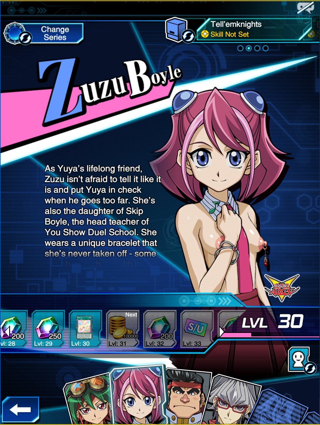 blue_eyes casual casual_nudity casual_topless collar female mod nipple_piercing nipples nonsexual_nudity pink_hair red_skirt red_tie rochestedorm skirt small_breasts tie yu-gi-oh! yu-gi-oh!_arc-v yu-gi-oh!_duel_links zuzu_boyle