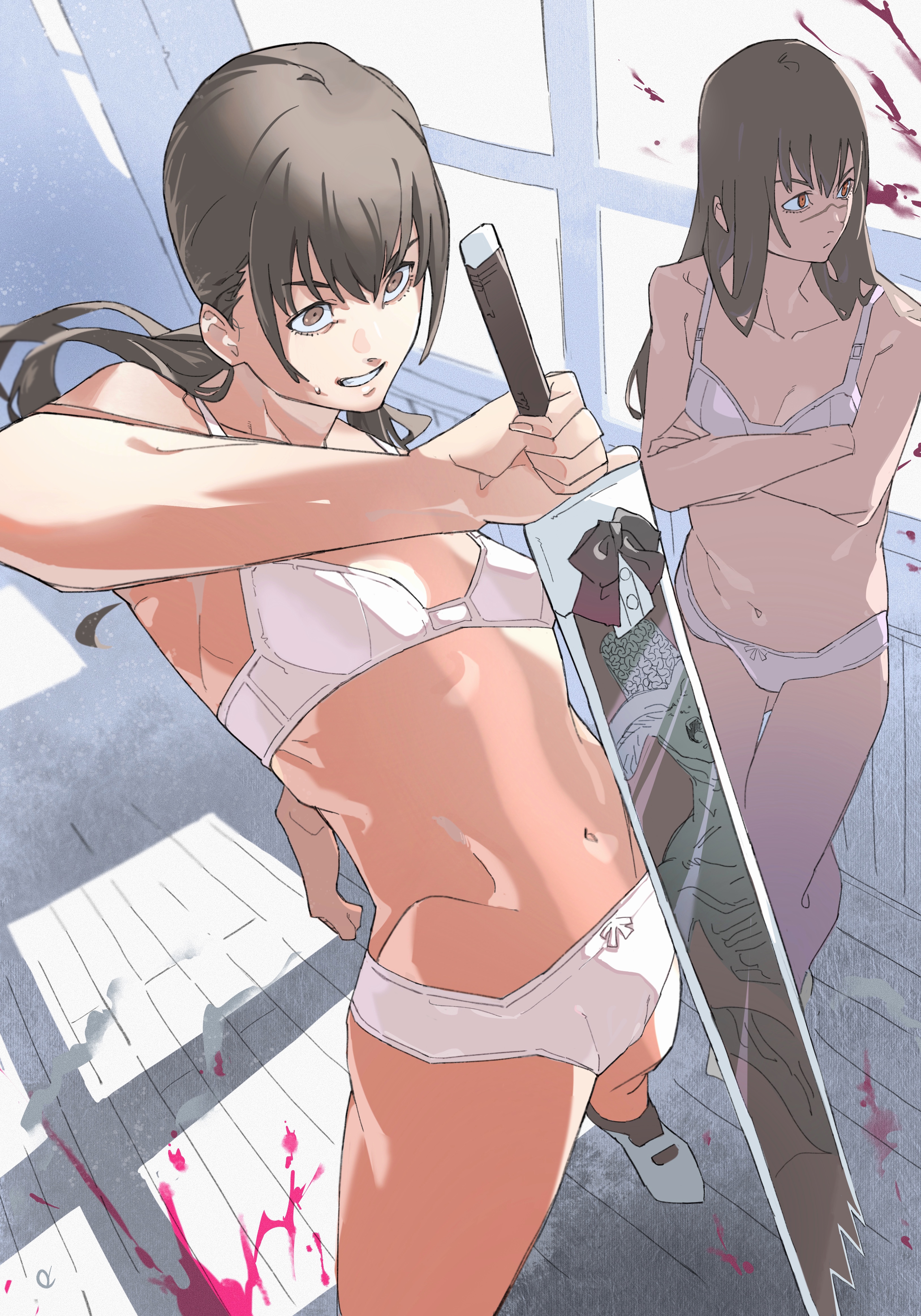 2girls, black hair, bra, breasts, chainsaw man, female, female only, fourth east high school uniform, long hair, mitaka asa, panties, pretty purin164, scar, scar on face, small breasts, standing, sword, underwear, white bra, white panties, yoru (chainsaw man)