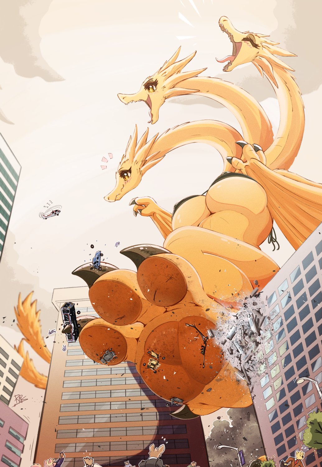 1girls 2022 3_heads anthro big_breasts bikini dragon_girl dragon_wings erect_nipples female foot_focus giantess godzilla_(series) kaiju_girl king_ghidorah raps scalie tagme underboob