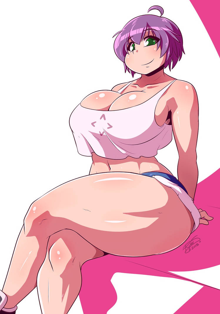 ass belly_button big_ass big_breasts breasts cleavage crop_top curvy cute mrsakai purple_hair ryousakai shadow simple_background smile thick_thighs white_background wide_hips yukino_akaihi yukino_memories