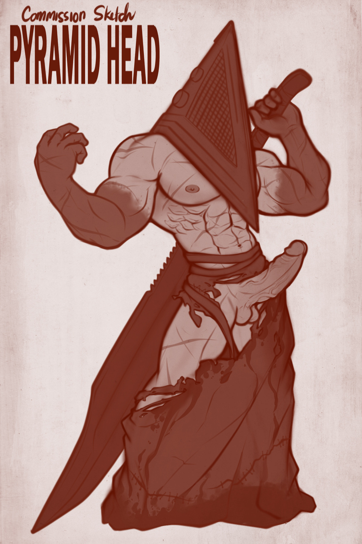 artist request, balls, bara, big penis, boner, erection, gay, male, male only, muscles, muscular, penis, pyramid, pyramid head, ripped clothing, scars, scars all over, silent hill, silent hill (film), silent hill homecoming, solo, solo male, waist apron, weapon, weapon over shoulder, yaoi
