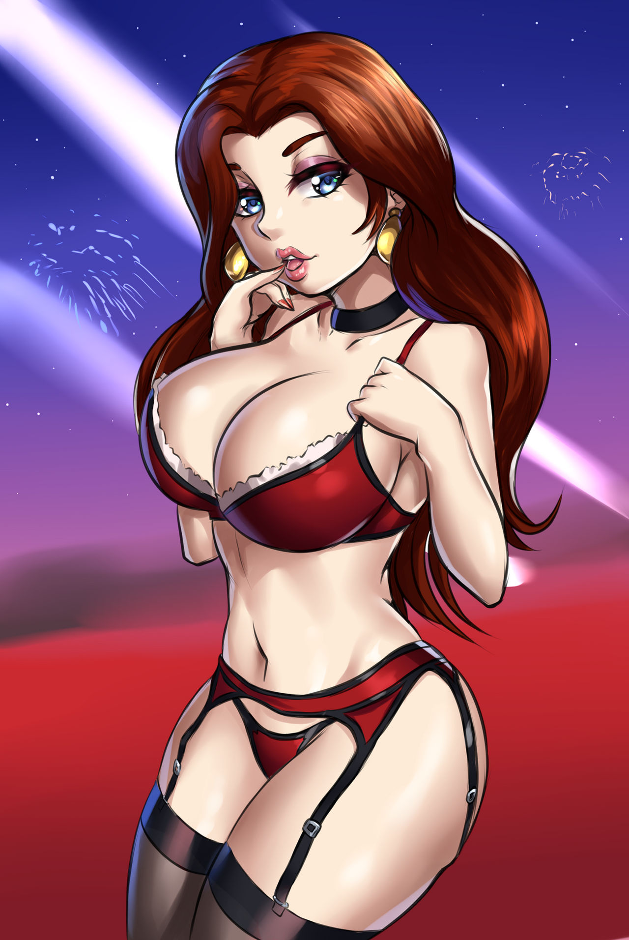 1girls blue_eyes bra breasts brown_hair choker earrings finger_in_mouth fireworks garter_belt garter_straps large_breasts leonart lingerie long_hair looking_at_viewer mario_(series) midriff navel night nintendo painted_fingernails panties pauline red_bra red_garter_belt red_lingerie red_panties searchlight super_mario_odyssey thighhighs