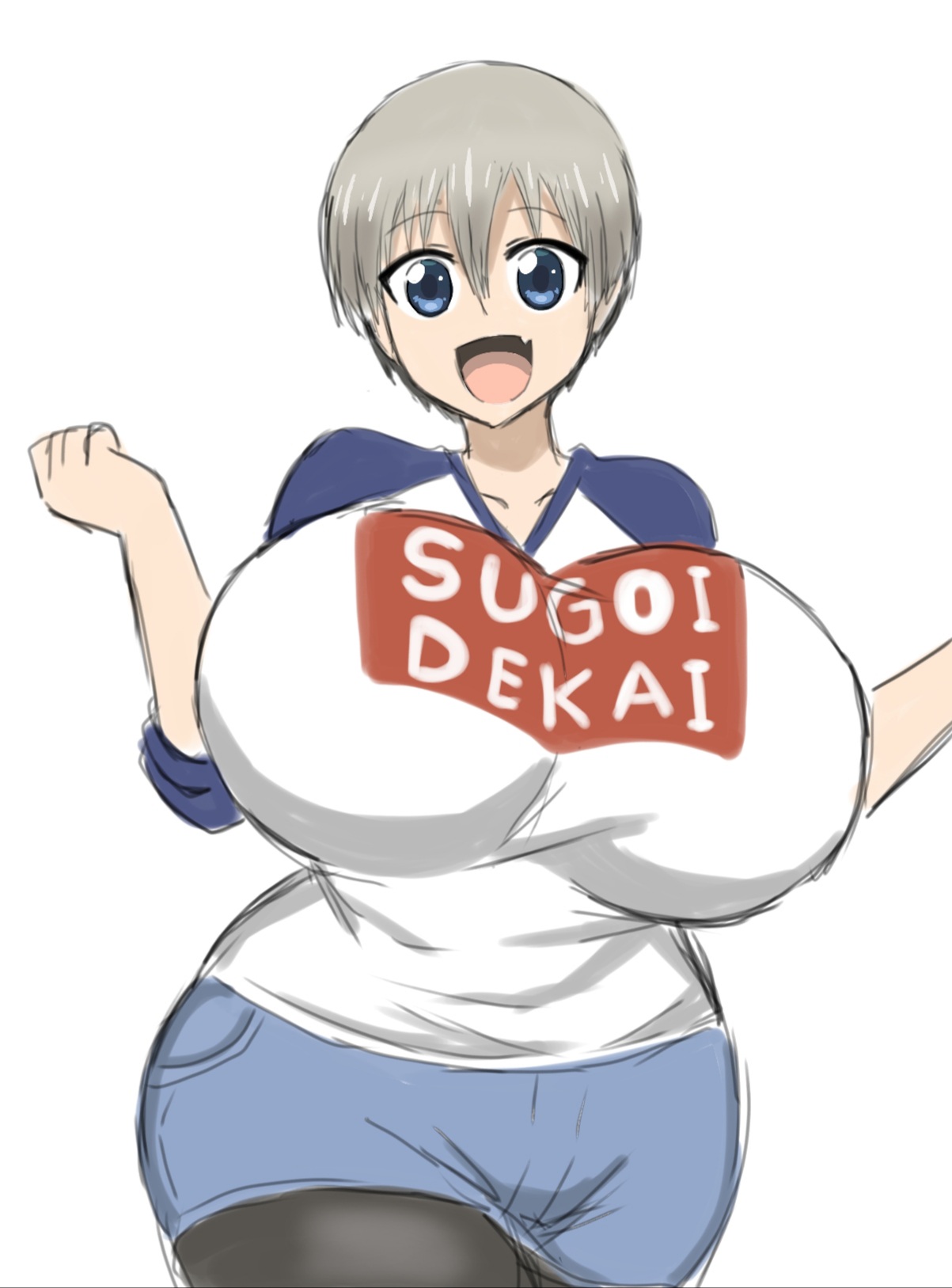 1girls, big breasts, big thighs, blue eyes, breasts, breasts bigger than head, busty, chubby, clothed, clothed female, curvy, female, female only, giant breasts, grey hair, huge breasts, huge thighs, large thighs, light hair, light skin, light-skinned female, momiji (artist), silver hair, simple background, smile, solid color background, solo, tan hair, thick thighs, thighs, uzaki hana, uzaki-chan wa asobitai!, white background