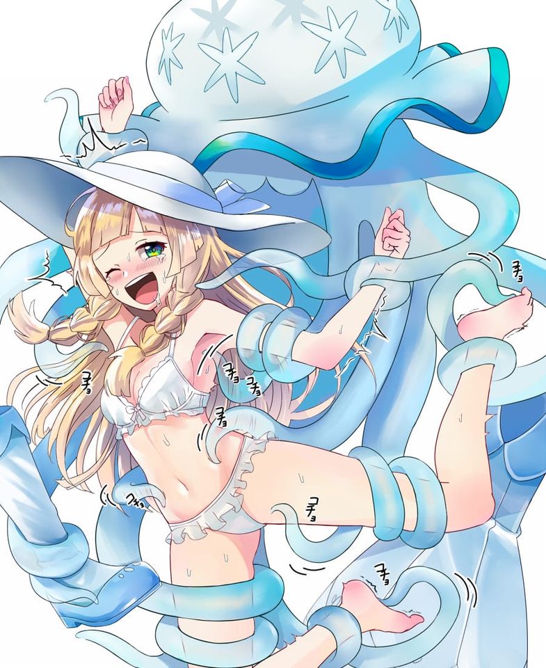 armpits arms_up belly bikini blonde_hair blush bra crying female frilled_bra frilled_panties green_eyes laughing lillie_(pokemon) navel nihilego one_eye_closed open_mouth pokémon_(species) pokemon pokemon_(species) pokemon_sm reach_around restrained sweat swimsuit tentacle tentacles tickling trembling twin_braids underwear