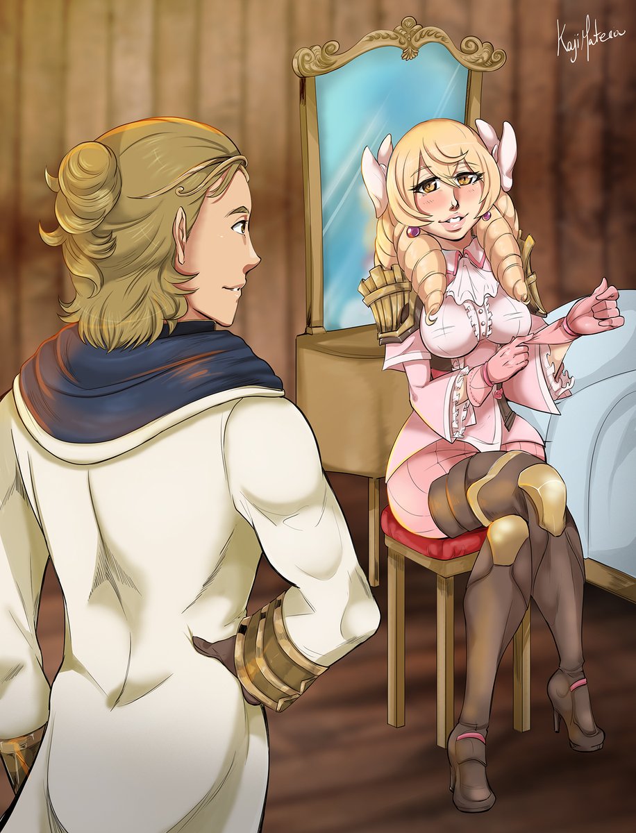 1boy 1girls 2koma blonde_hair boots breasts female fire_emblem fire_emblem_awakening fire_emblem_heroes gloves high_heels indoors kajimateria kiran_(fire_emblem) kiran_(fire_emblem)_(male) looking_at_viewer male maribelle_(fire_emblem) medium_breasts medium_hair nintendo smile thigh_boots twin_drills yellow_eyes