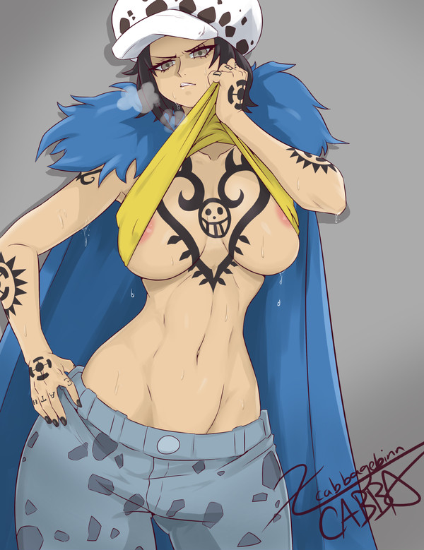 angry areola_slip artist_name artist_signature belly big_breasts black_hair breast_tattoo cabbagebinn canon_genderswap color female female_only genderswap_(mtf) hand_on_hip hat jeans lifting_shirt looking_at_viewer no_bra one_piece rule_63 shiku_shiku_no_mi shirt_lift shounen_jump solo sweaty_clothes sweaty_clothing tattoo tattoos trafalgar_law trafalgar_law_(female) underboob wet wide_hips wiping_sweat wiping_with_shirt