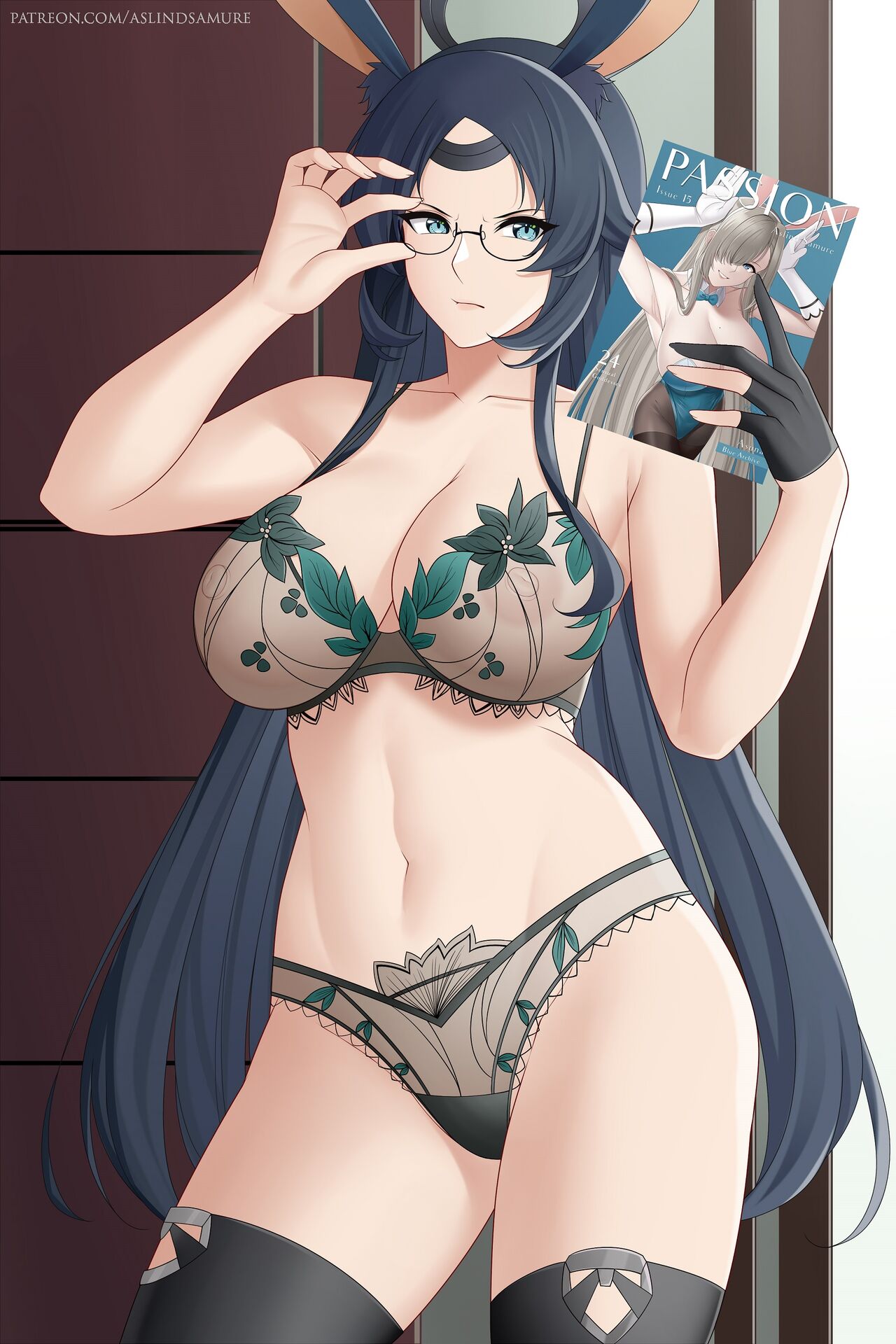 1girls, animal ears, aslindsamure, azur lane, big breasts, breasts, bunny ears, bunny girl, clothed, clothing, female, glasses, indoors, light skin, light-skinned female, long hair, magazine, megane, nipples, sakura empire (azur lane), solo, souryuu (azur lane)
