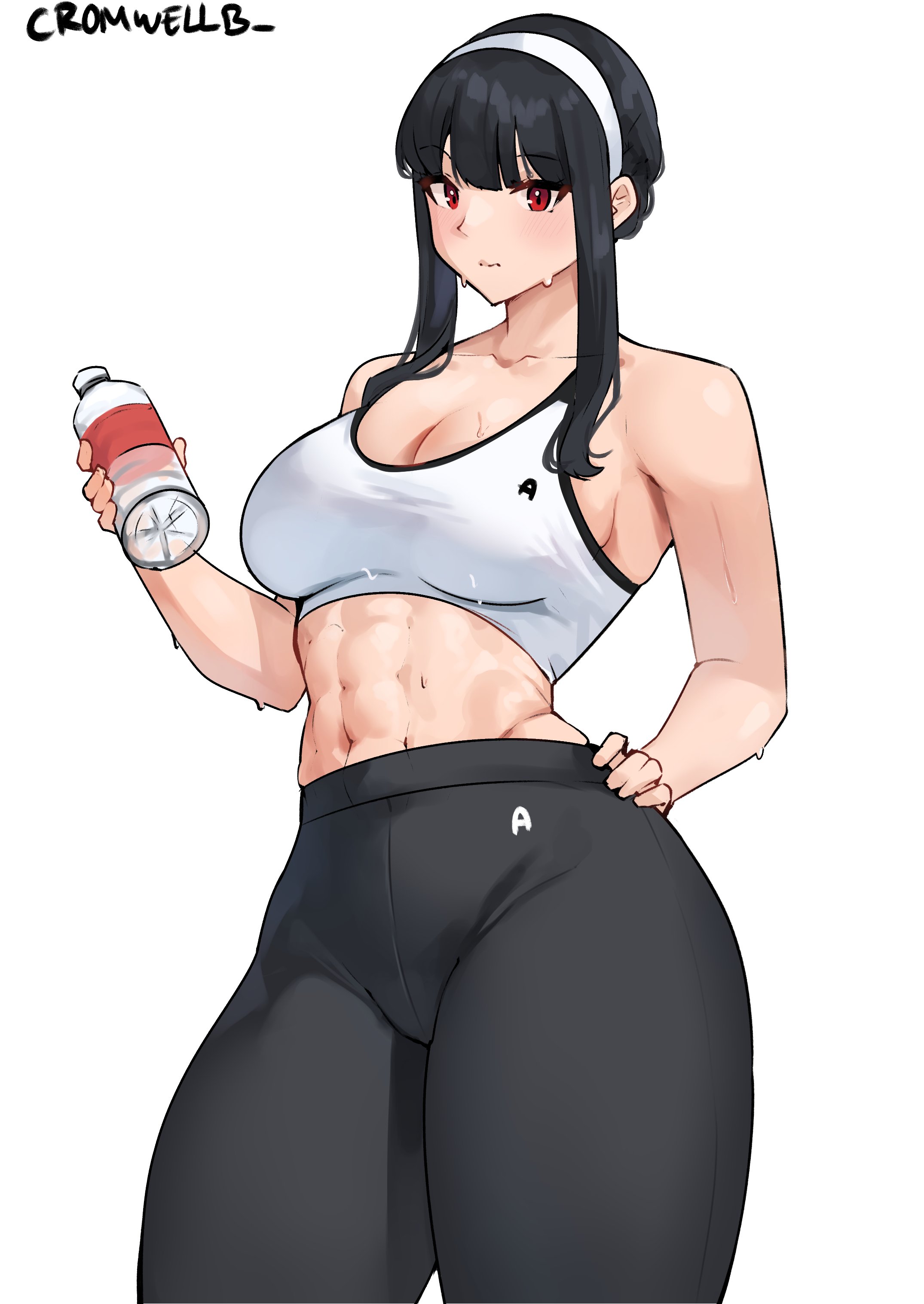 1girls, 2022, abs, bare shoulders, big boobs, big breasts, black yoga pants, blush, bottle, breasts, cleavage, collarbone, cromwellb, female, hand on hip, hand on own hip, looking at viewer, red eyes, simple background, six pack, solo, sports bra, sports uniform, sportswear, spy x family, standing, sweat, sweatdrop, thick thighs, thighs, white background, white sports bra, white topwear, yoga pants, yor briar
