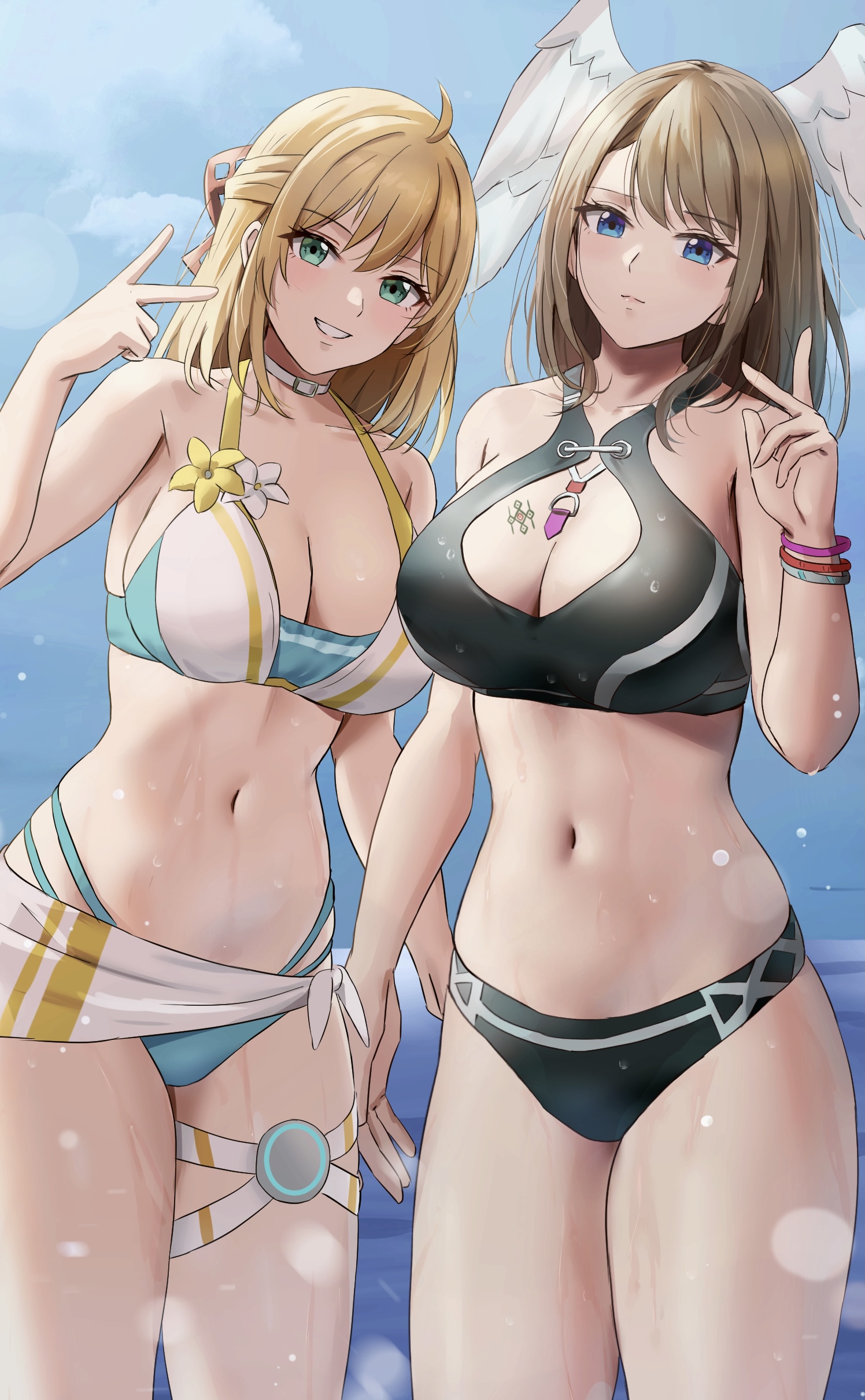 2girls, absurd res, amayo thranana, black swimsuit, blonde hair, blue eyes, blue swimsuit, breasts, brown hair, choker, cleavage, cosplay, eunie (xenoblade), female, fiora (xenoblade), green eyes, highres, large breasts, midriff, navel, nintendo, peace sign, sky, smile, swimsuit, thick thighs, thighs, thrananaart, water, wet, wings, wings on head, xenoblade (series), xenoblade chronicles, xenoblade chronicles 3