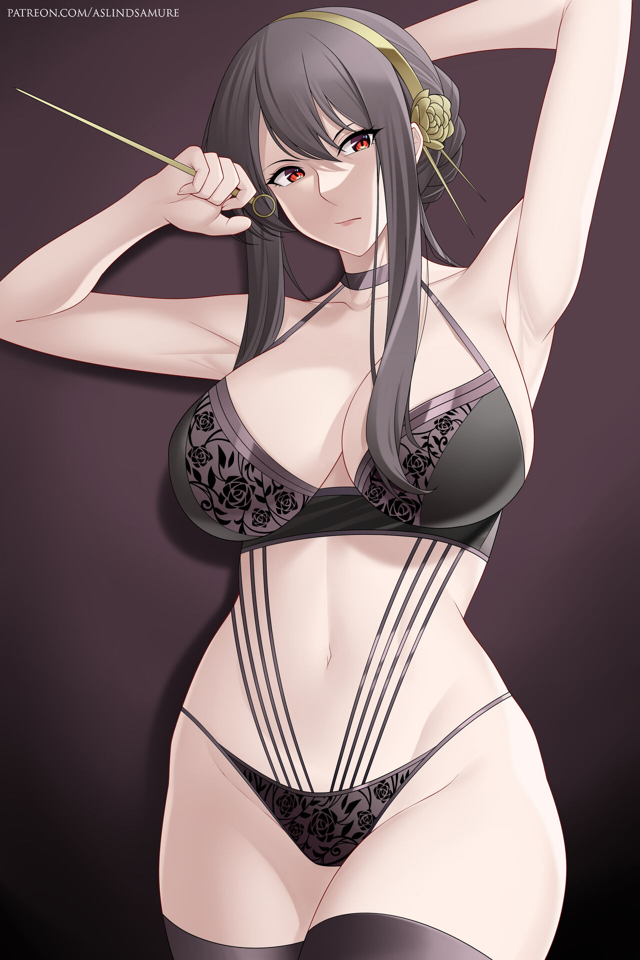 1girls, armpits, arms behind head, arms up, aslindsamure, assassin, big breasts, black hair, black legwear, black lingerie, breasts, censored, choker, cleavage, female, female only, floral print, flower in hair, hair ornament, hairband, nude, nude female, red eyes, solo, spy x family, stiletto (weapon), tagme, thick thighs, thighhighs, thorn princess, white skin, yor briar
