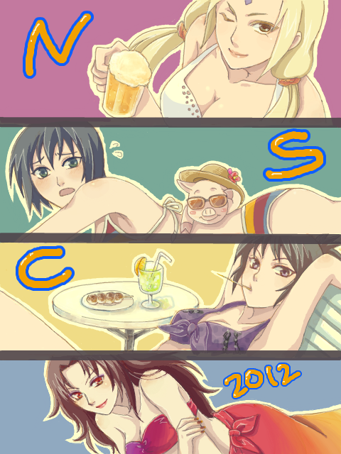 2012 4girls animal arms_up bangs bikini black_hair blonde_hair blush blush_stickers brown_hair dango dated drinking_straw eating embarrassed female female_only flying_sweatdrops food front-tie_bikini_top front-tie_top gradient_bikini happy hat kurenai_yuhi mitarashi_anko multiple_girls nail_polish naruto naruto_(classic) naruto_(series) naruto_shippuden outline pig purple_bikini red_eyes sarong shizune smile strapless strapless_bikini sun_hat sunglasses swimsuit take_your_pick tegaki tonton tsunade twintails wagashi white_bikini wink yuuhi_kurenai